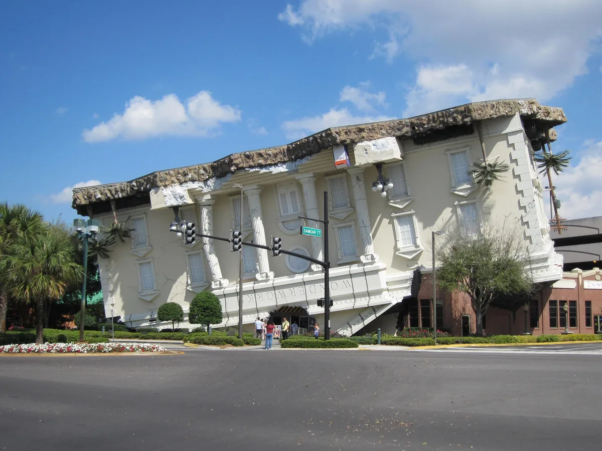 The upside-down WonderWorks building on International Drive in Orlando under a blue sky