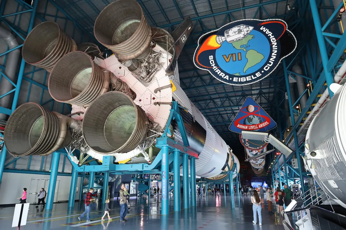 The Saturn V rocket's five F-1 engines inside the Apollo/Saturn V Center at Kennedy Space Center