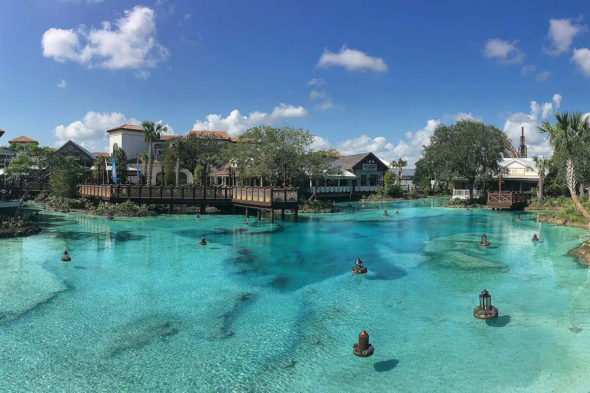 Clear spring-fed pools and boardwalks at the heart of Disney Springs in Lake Buena Vista