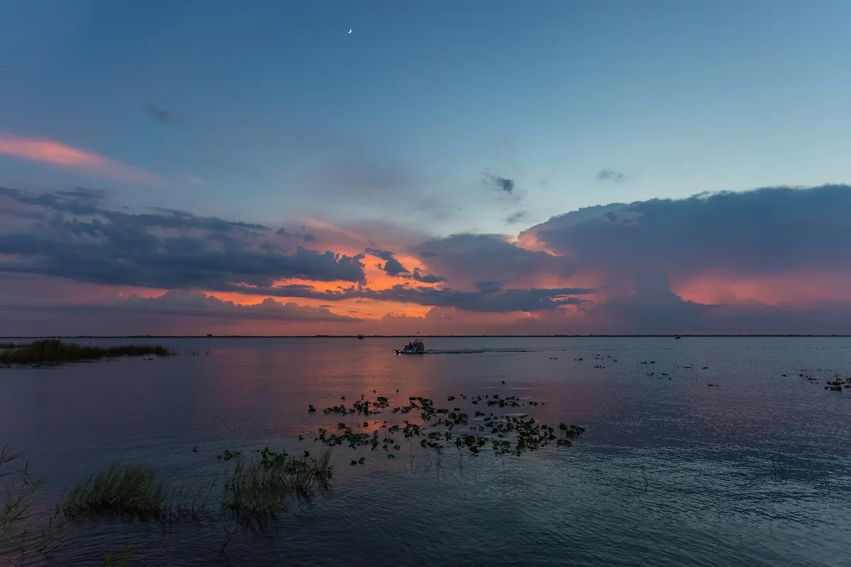 An airboat crossing calm Lake Washington on the upper St. Johns River at sunset