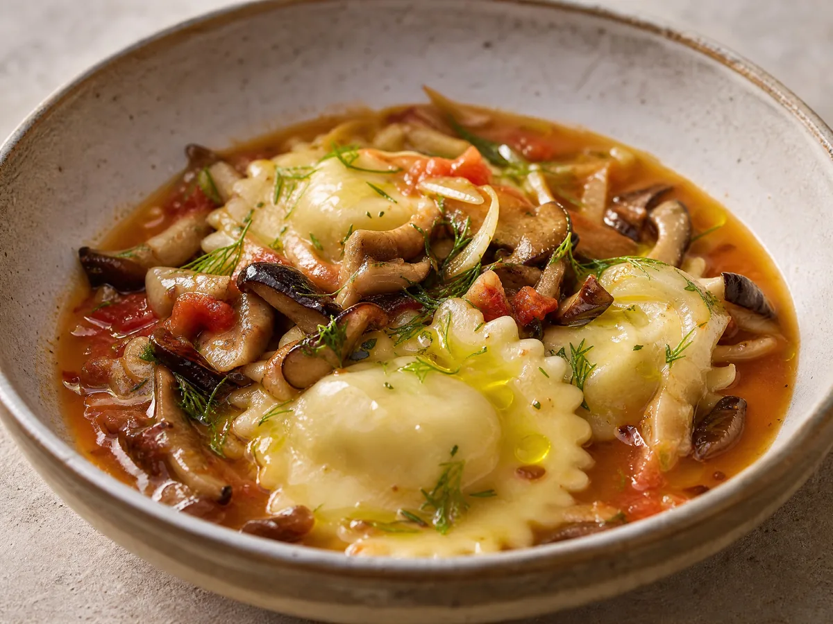 Goat cheese ravioli in a bowl of mushroom ragout and tomato broth