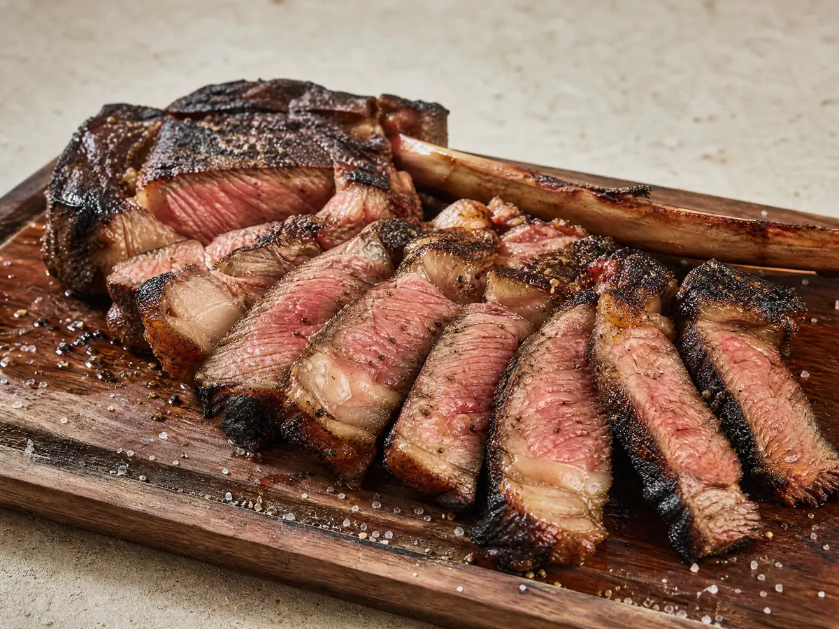 A charred bone-in ribeye sliced on a wooden board