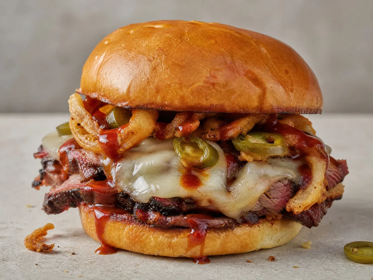 A brisket sandwich on a brioche bun with onion rings, jalapeños, melted provolone and barbecue sauce