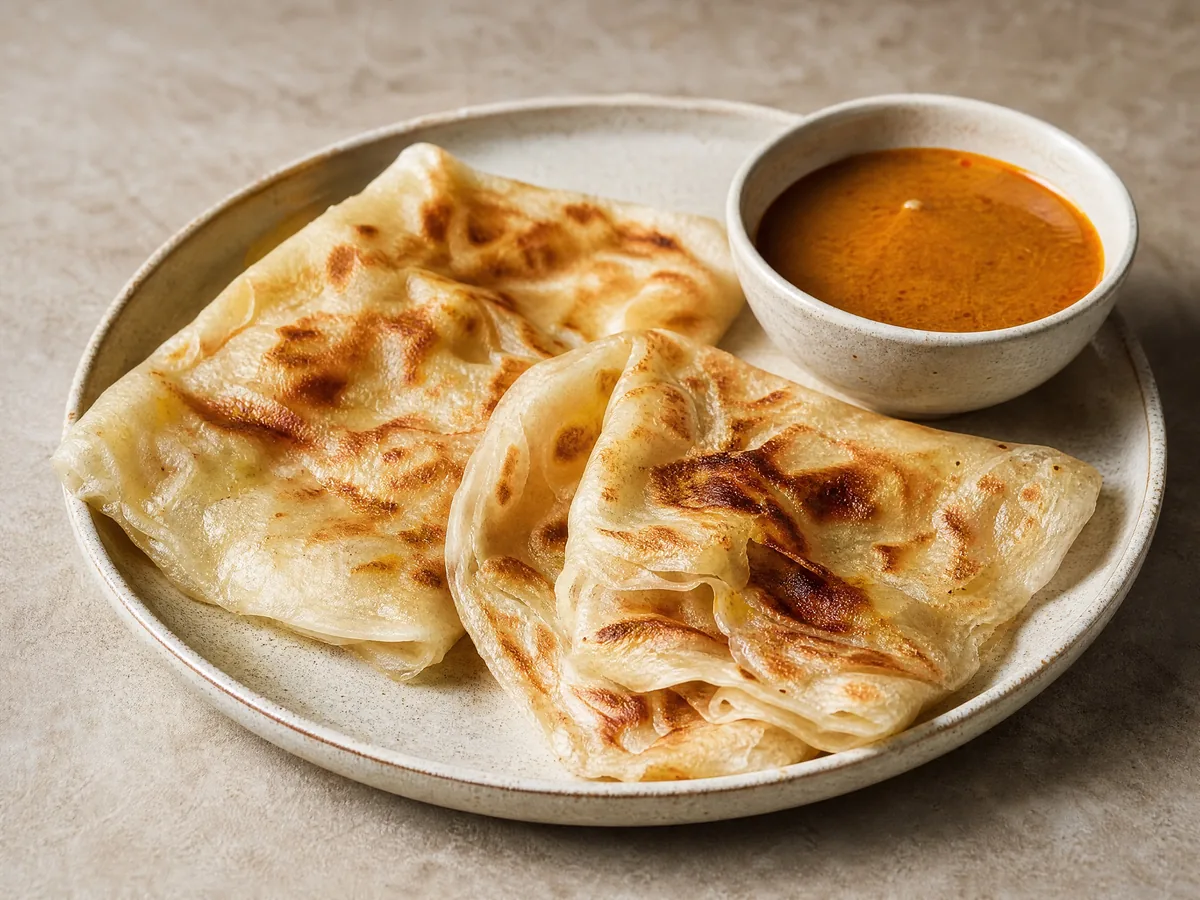 Flaky roti canai flatbreads on a plate beside a small bowl of curry sauce