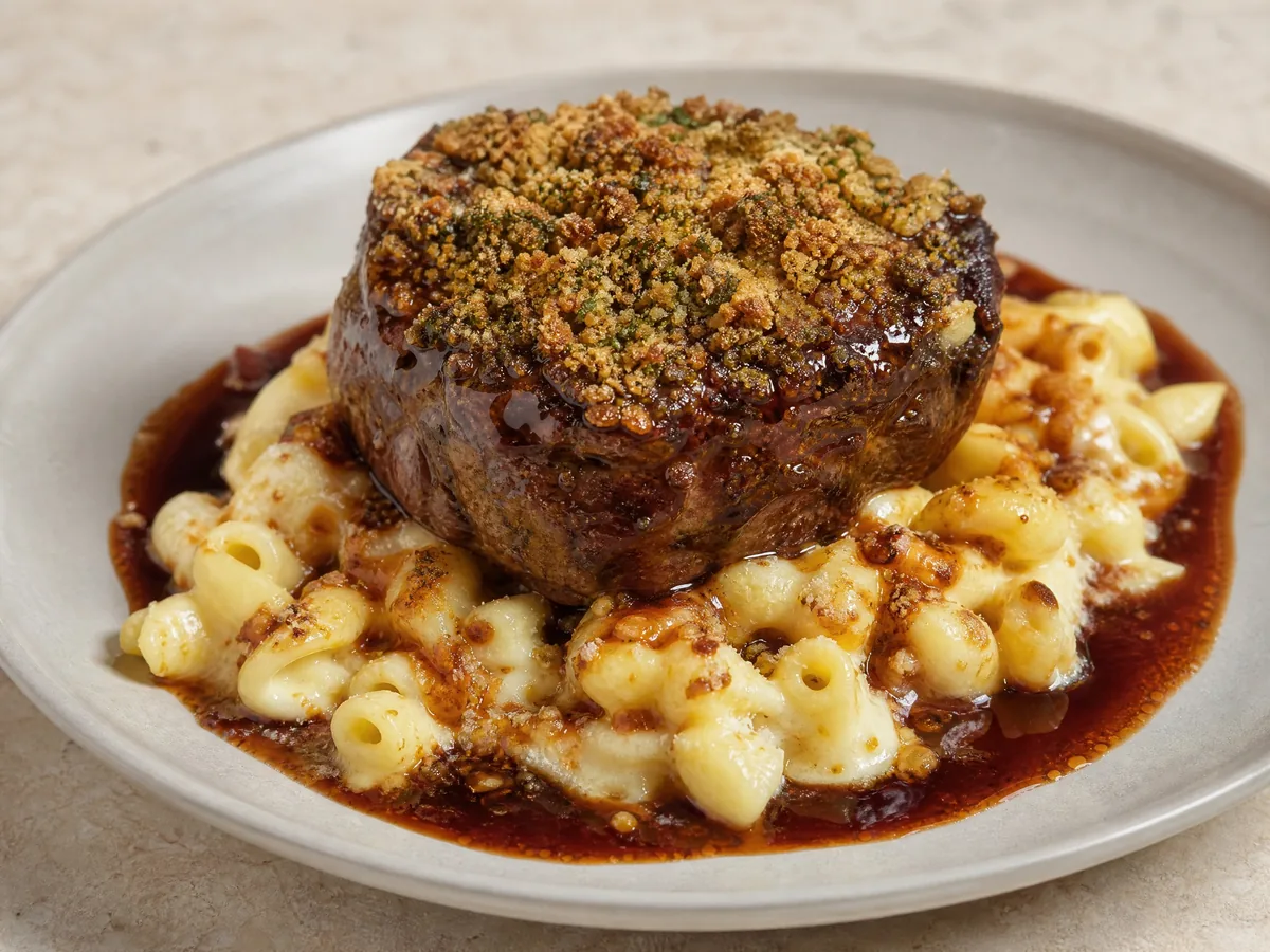 A crusted filet mignon over macaroni and cheese in a dark wine sauce