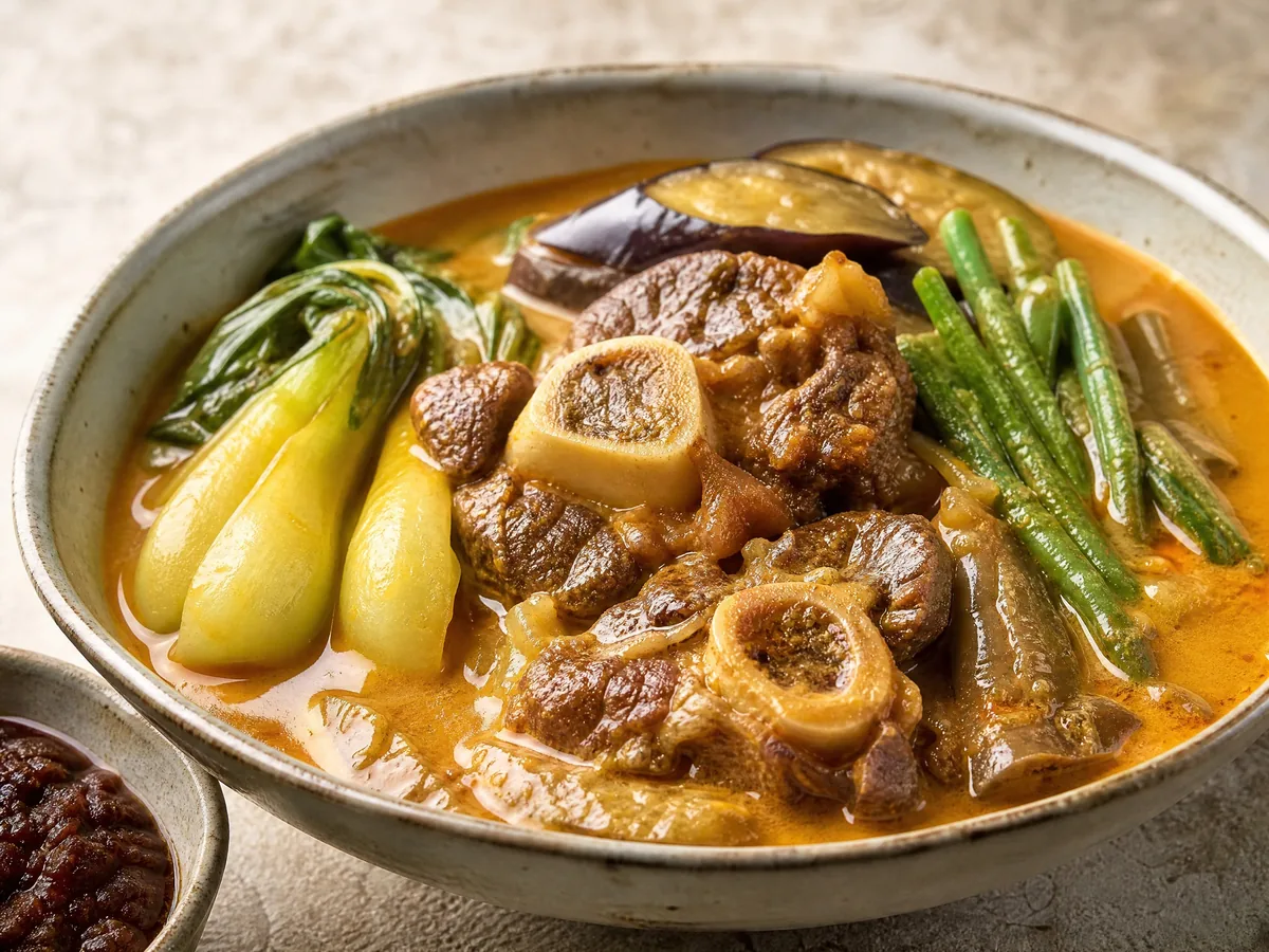 Oxtail kare kare, braised oxtail in peanut stew with bok choy, eggplant and green beans