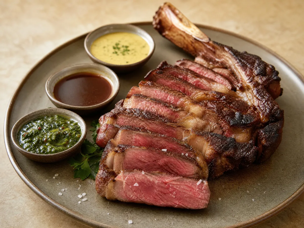 Sliced dry-aged bone-in ribeye with three small pots of sauce