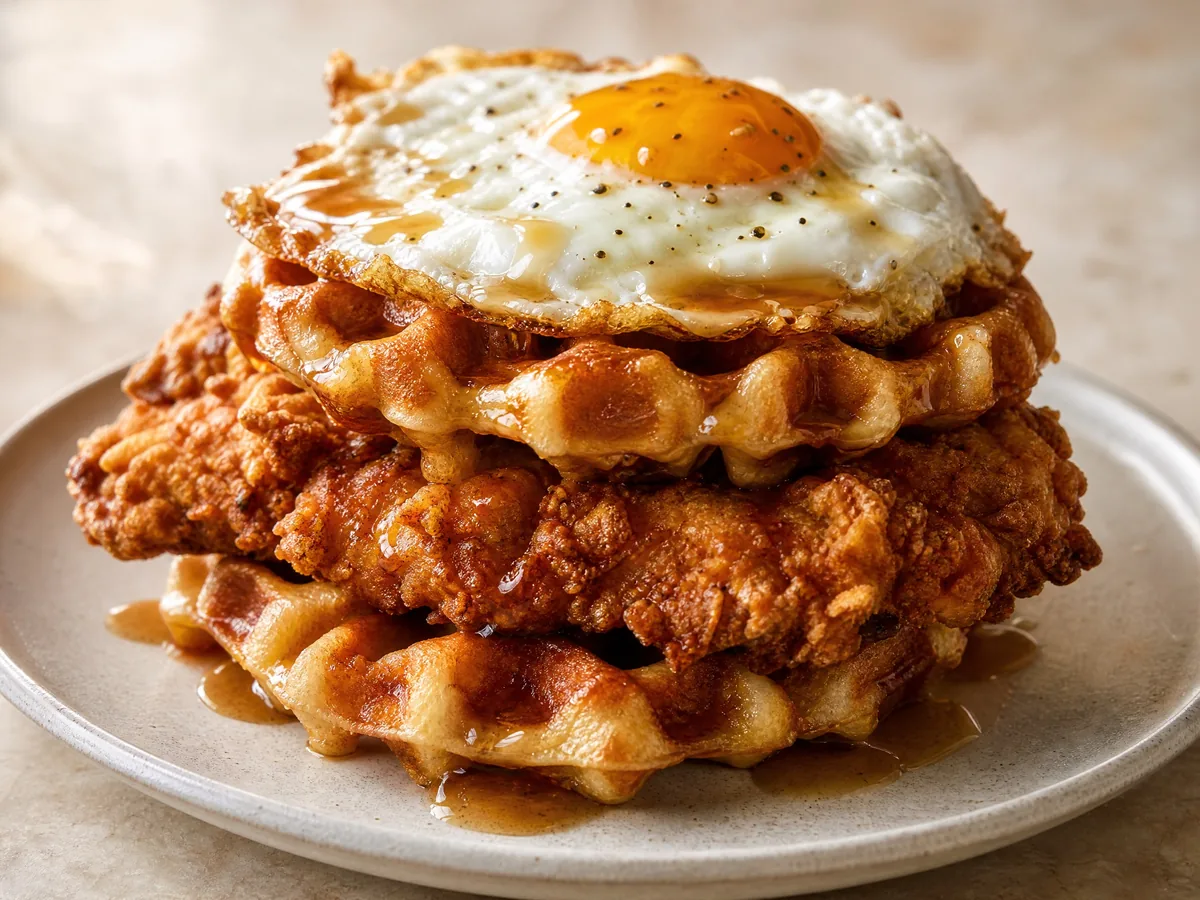 Fried chicken between pearl sugar waffles, topped with a fried egg and syrup