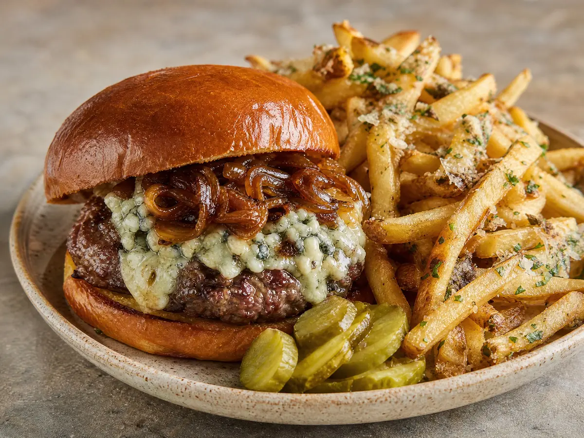 A burger with blue cheese and caramelized onion beside truffle fries and pickles