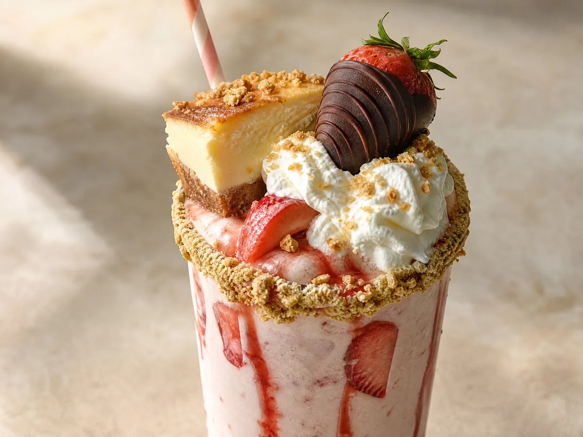 A strawberry milkshake topped with a slice of cheesecake, cream and a chocolate-dipped strawberry