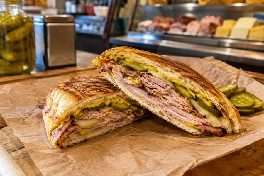 A pressed Cuban sandwich cut in half on paper, showing ham, pork, cheese and pickles