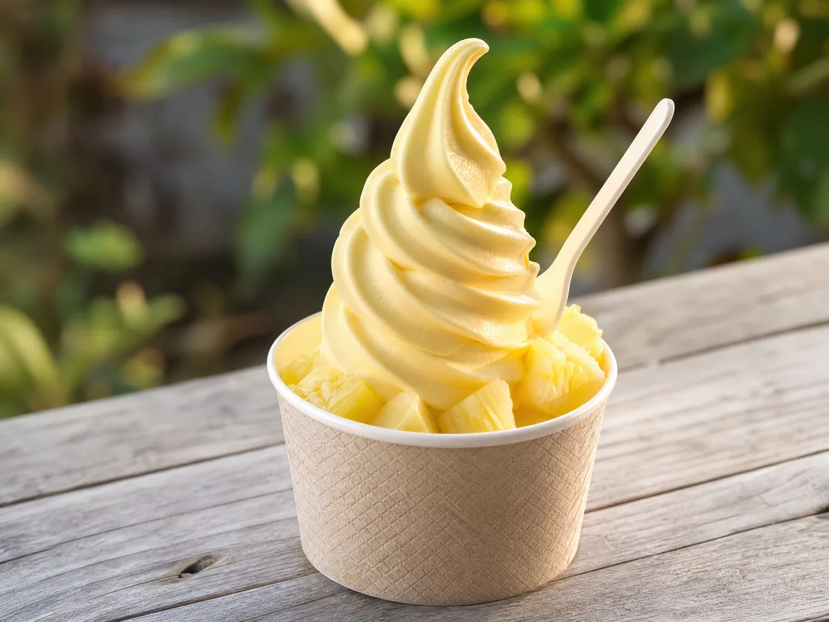 A swirl of pale yellow pineapple soft-serve in a paper cup with a spoon