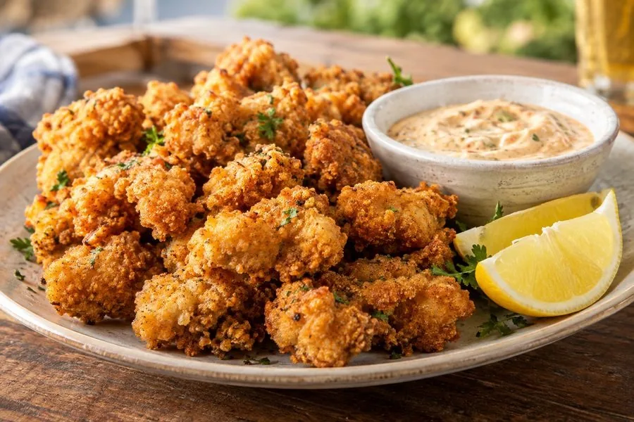 A plate of golden fried alligator bites with lemon wedges and a creamy dipping sauce