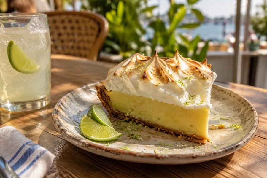 A slice of key lime pie with a torched meringue top, lime slices and a glass of limeade