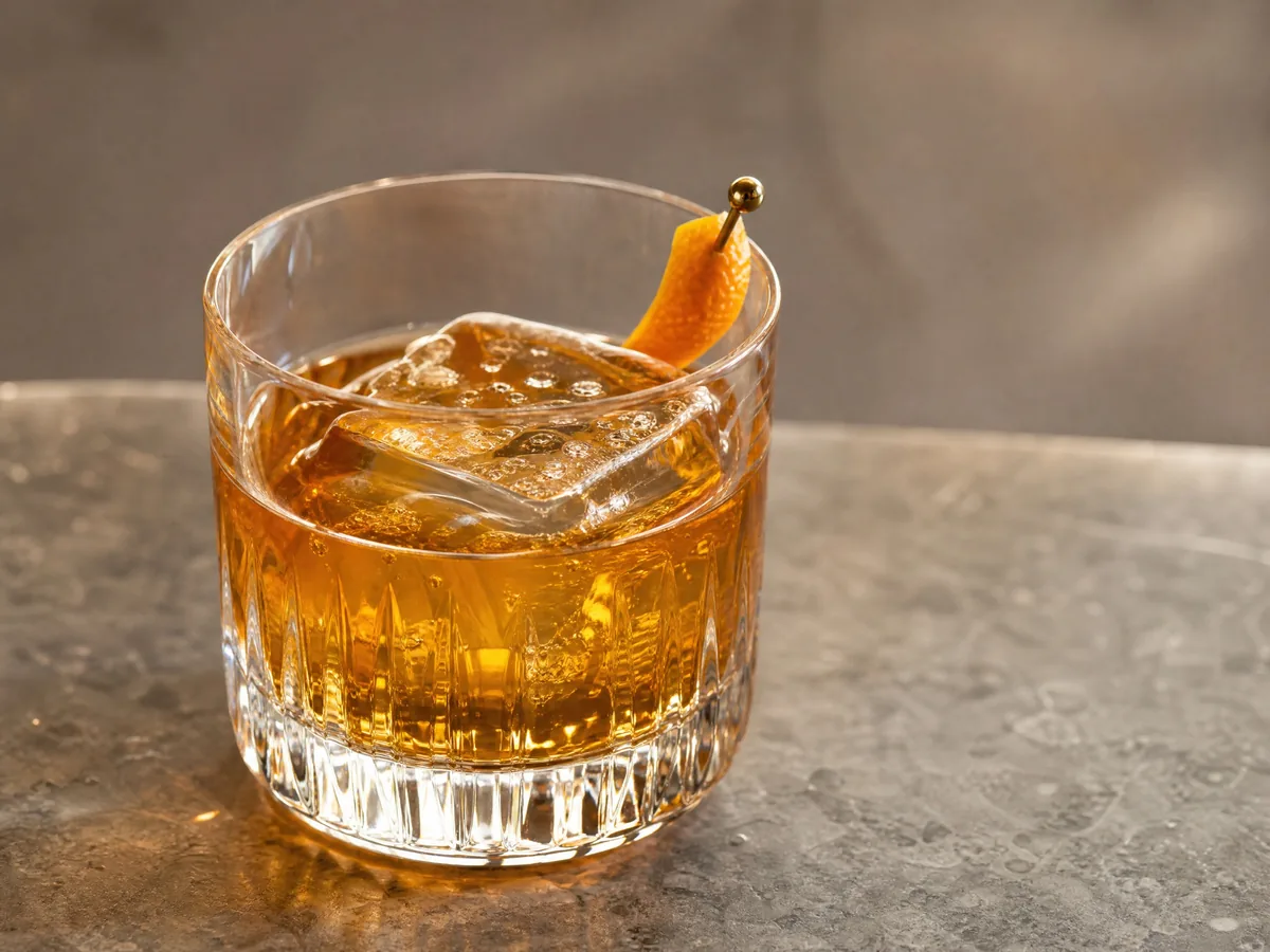 An Old Fashioned over a large ice cube with an orange peel
