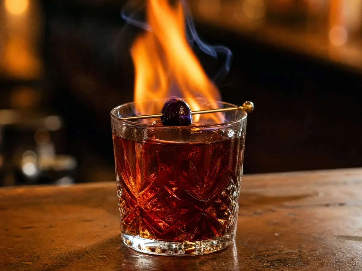 A dark rye cocktail with a flame rising from the glass