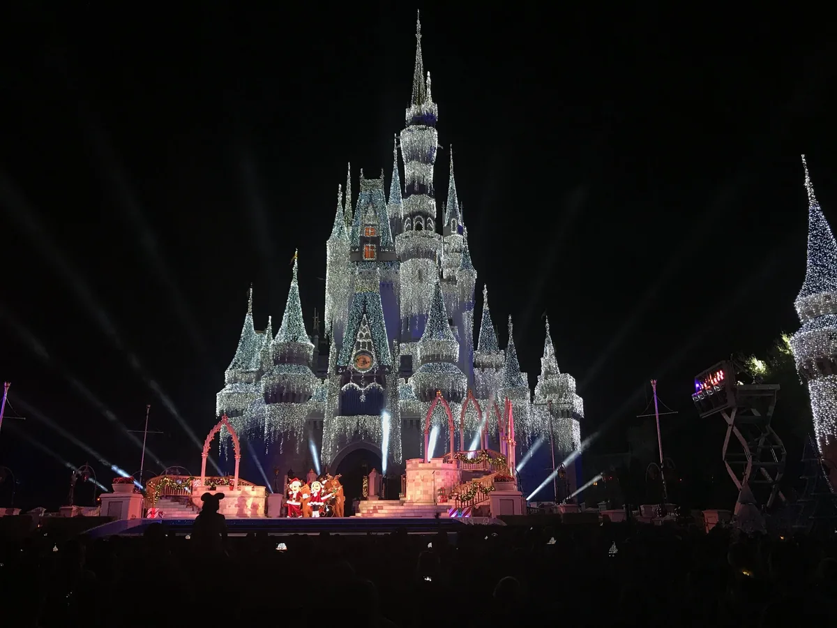 Cinderella Castle lit with white icicle lights at night during Mickey's Very Merry Christmas Party