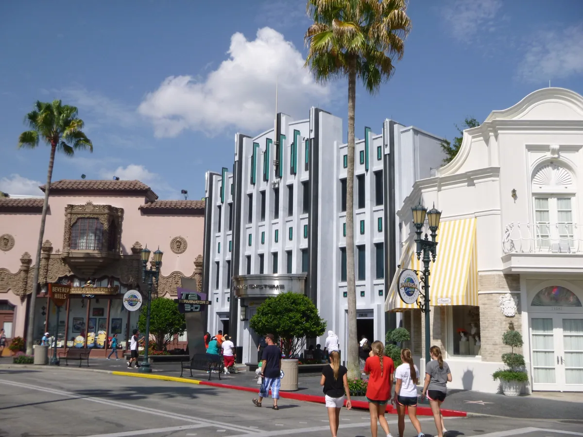 Art Deco facades and palm trees along Hollywood Boulevard at Universal Studios Florida