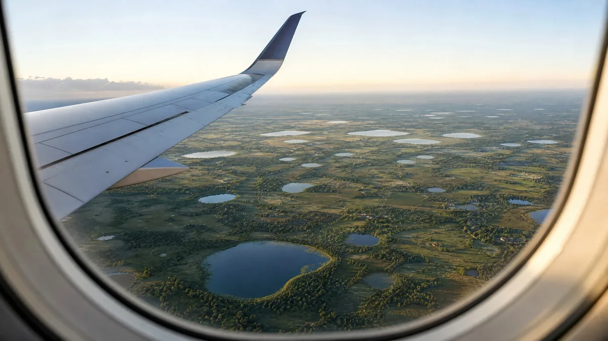 An airplane wing over flat green countryside dotted with small lakes