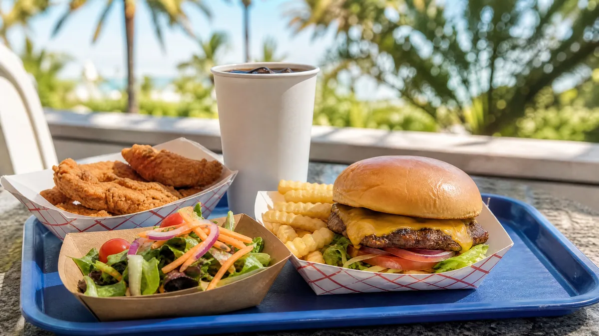 A cafeteria tray with a cheeseburger, fries, chicken tenders, a salad and a paper soda cup