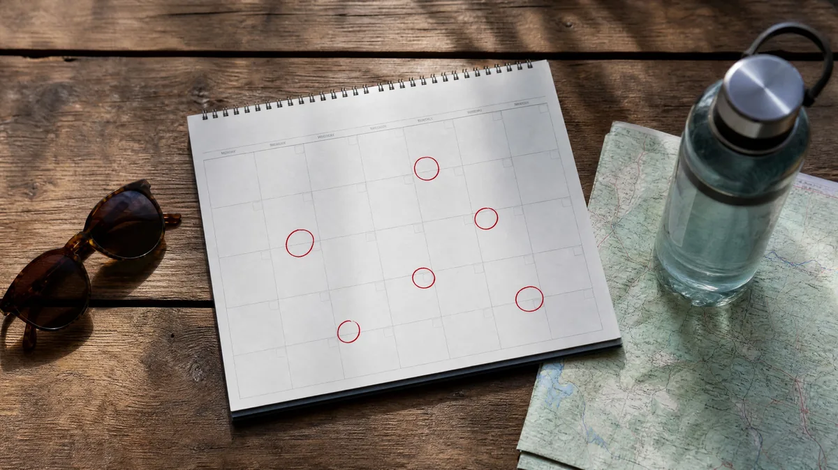 A blank calendar with days circled in red, beside sunglasses, a water bottle and a folded map