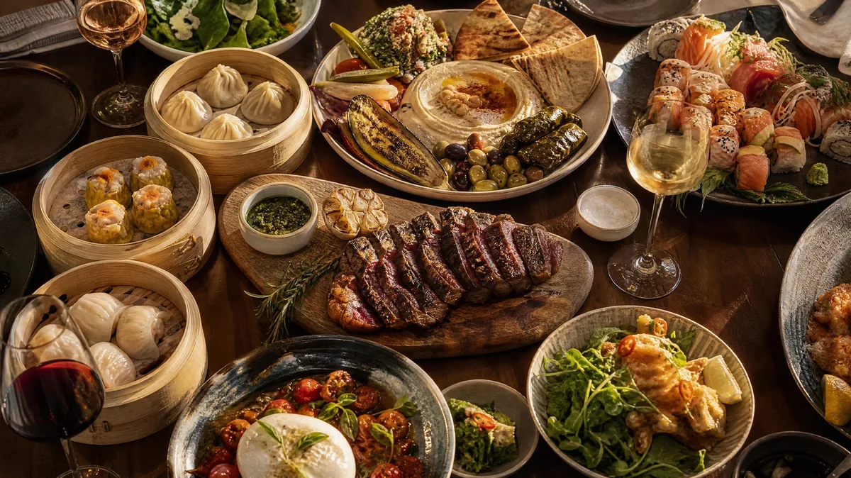 A long table of shared plates: dim sum baskets, sliced steak, a meze platter, sushi and wine