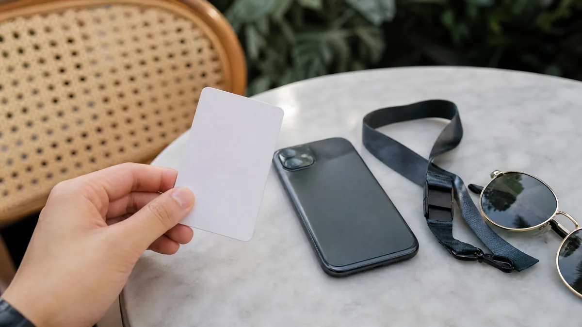 A hand holding a blank plastic admission card beside a smartphone, a lanyard and sunglasses