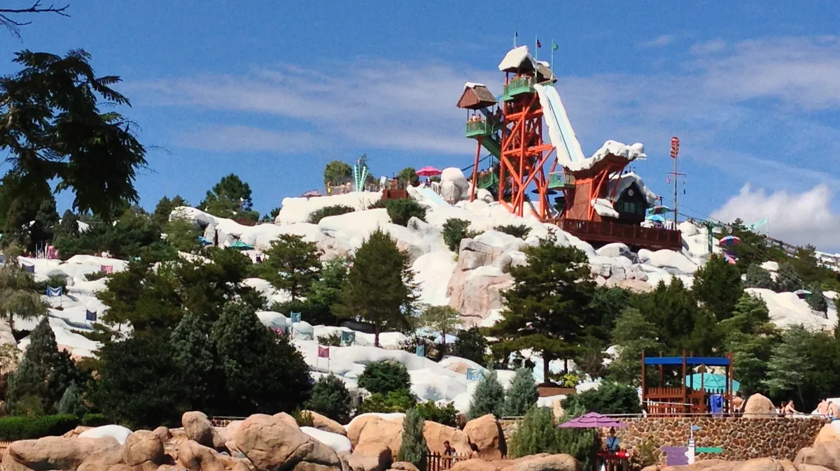 Snow-themed Mount Gushmore with the Summit Plummet tower at Disney's Blizzard Beach water park