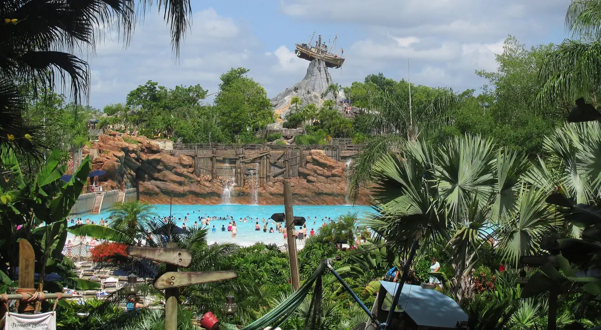 Shipwrecked boat atop Mount Mayday above the surf pool at Disney's Typhoon Lagoon