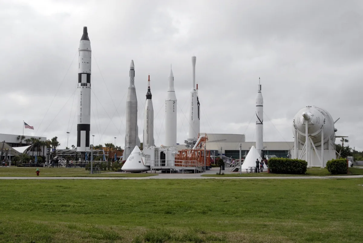 Historic rockets standing in the Rocket Garden at Kennedy Space Center Visitor Complex
