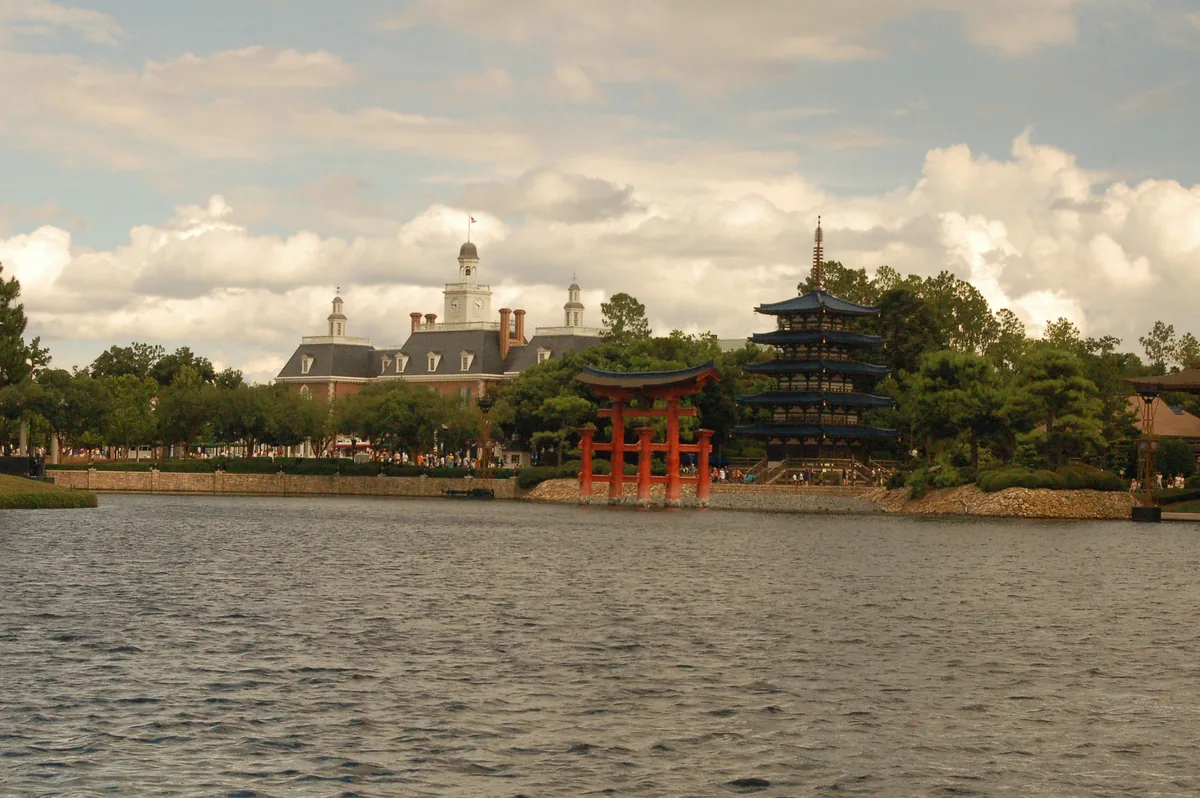 Japan pavilion torii gate and pagoda next to The American Adventure across World Showcase Lagoon